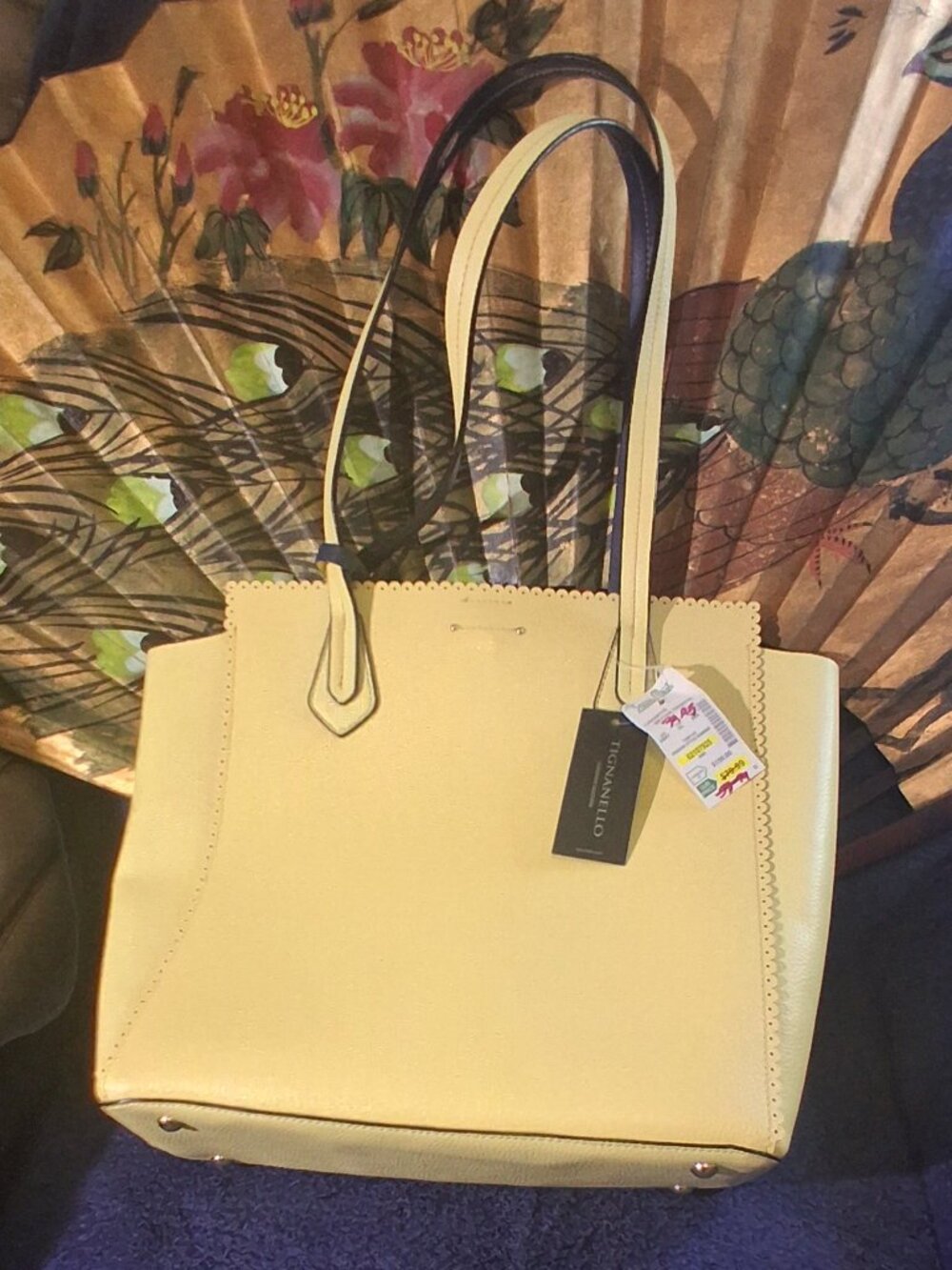 Tignanello NWT Canary Yellow Leather Scalloped Tote Bag Pouch Pouch Set